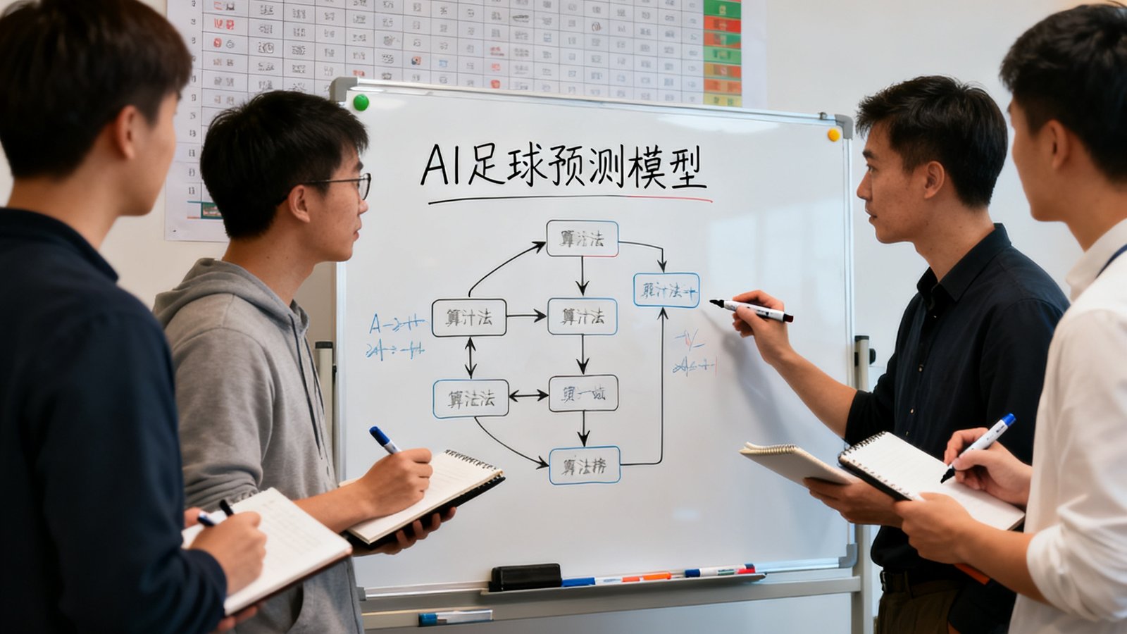 足球数据网算法团队在白板上讨论AI预测模型，背景是积分榜